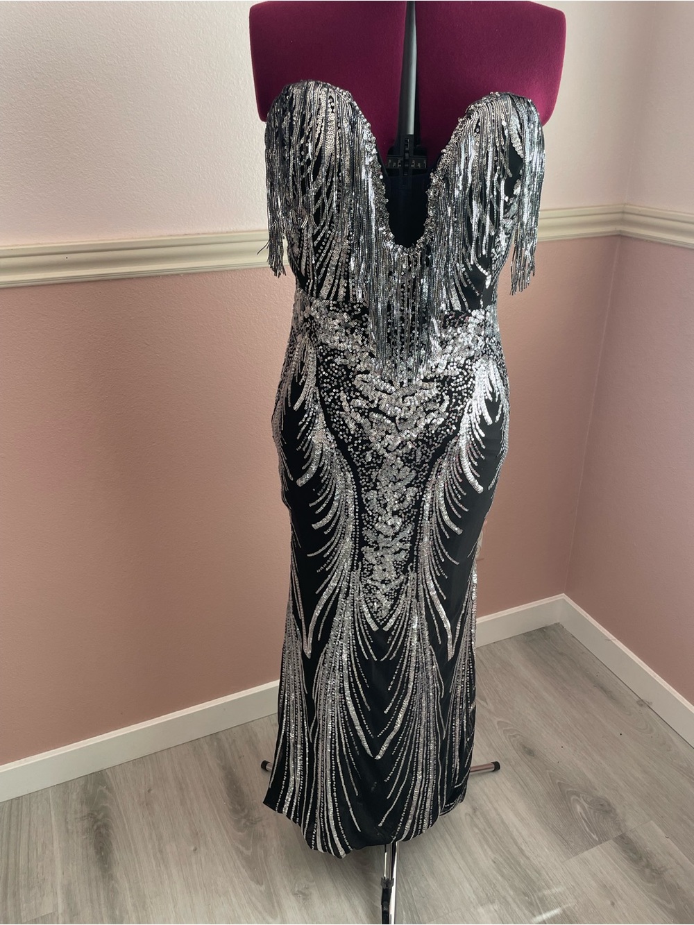 Strapless Black Maxi Dress with Silver Sequin Fringe